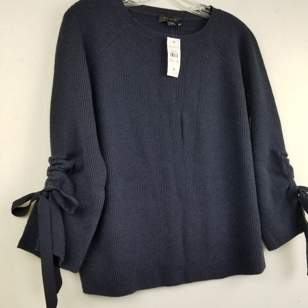 New Ann Taylor Navy Blue Wool Bow Tie Cuff Ribbed Sweater Size Small - Picture 4 of 11